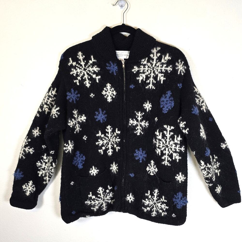 Jones New York Hand Knit Sweater Womens M Black Snowflake Mohair Winter Classic
